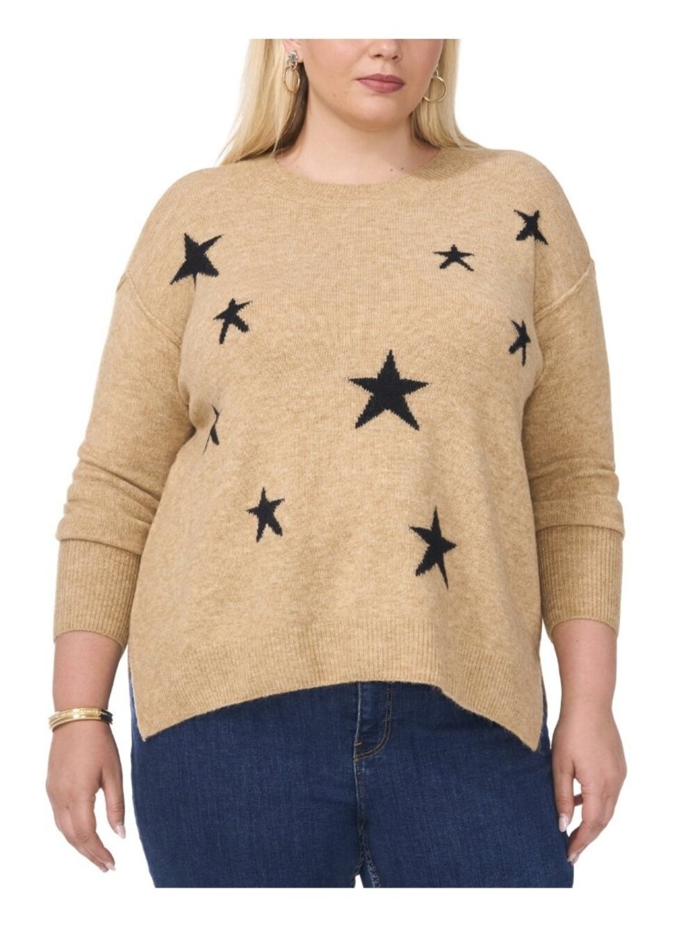 Vince Camuto Cozy Star-Print Dropped-Shoulder Sweater Brown Plus Size 3X $79